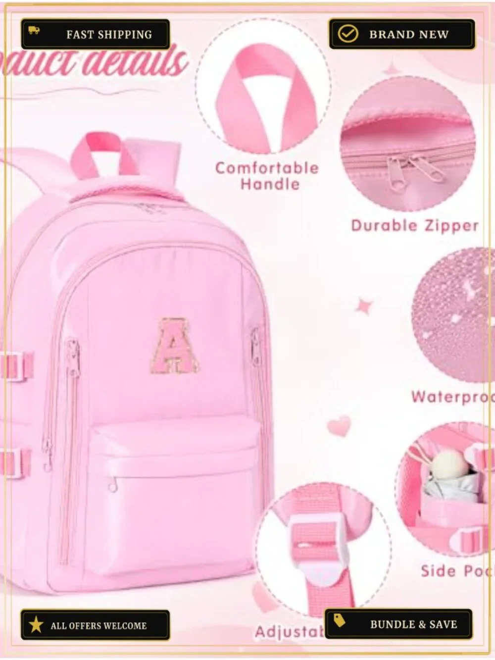 Monogrammed Initial Pink Backpack Set with Lunch Bag and Pencil Case, 3 Piece,